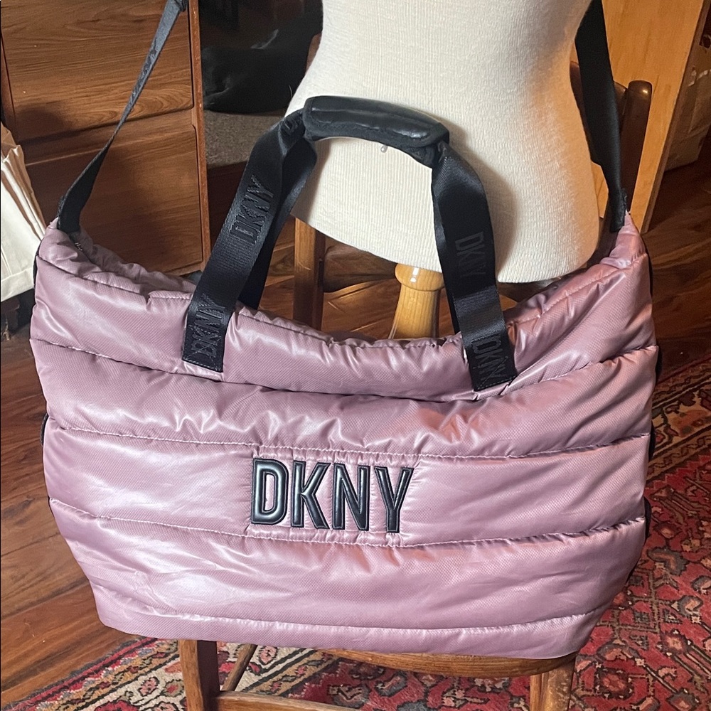DKNY Nora Weekend Duffle Pink Quilted Puffer Tote with Black Straps